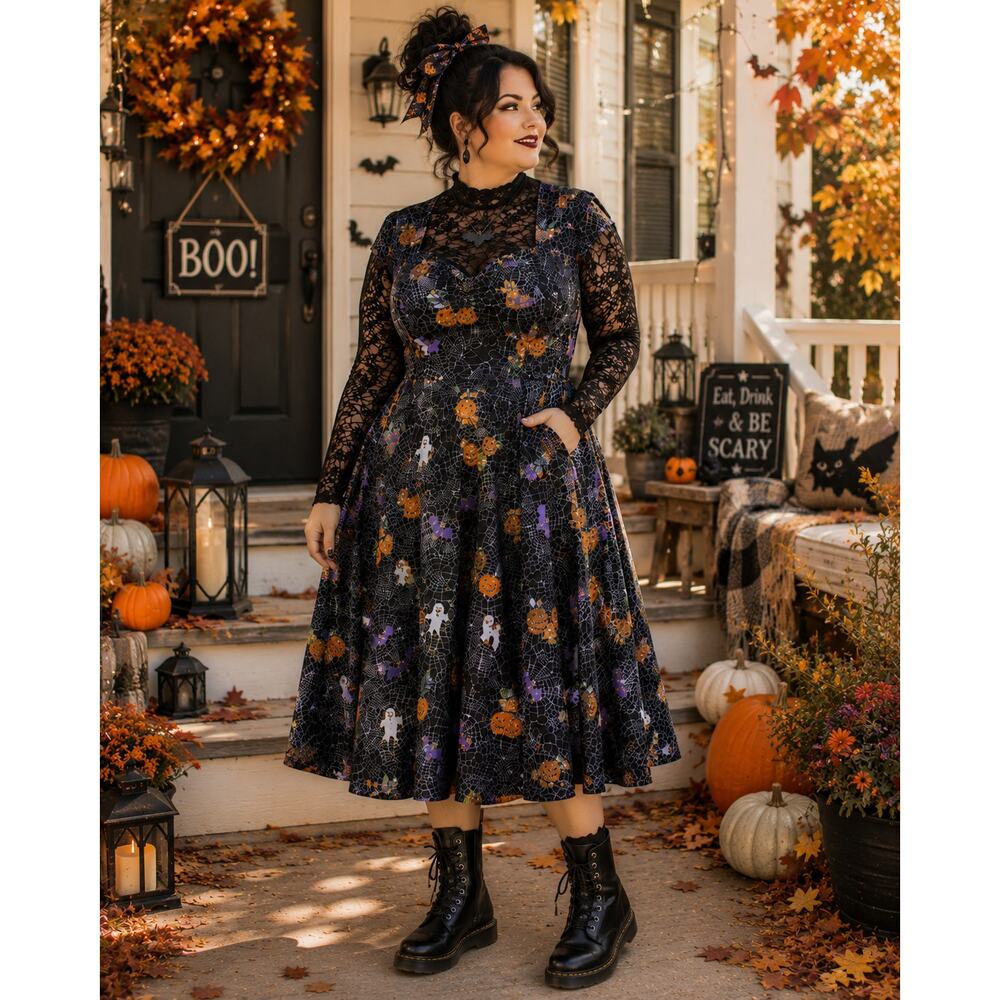Hell Bunny Harlow Halloween 2XL Swing Dress Pumpkin Ghost Bat Goth - Picture 8 of 9